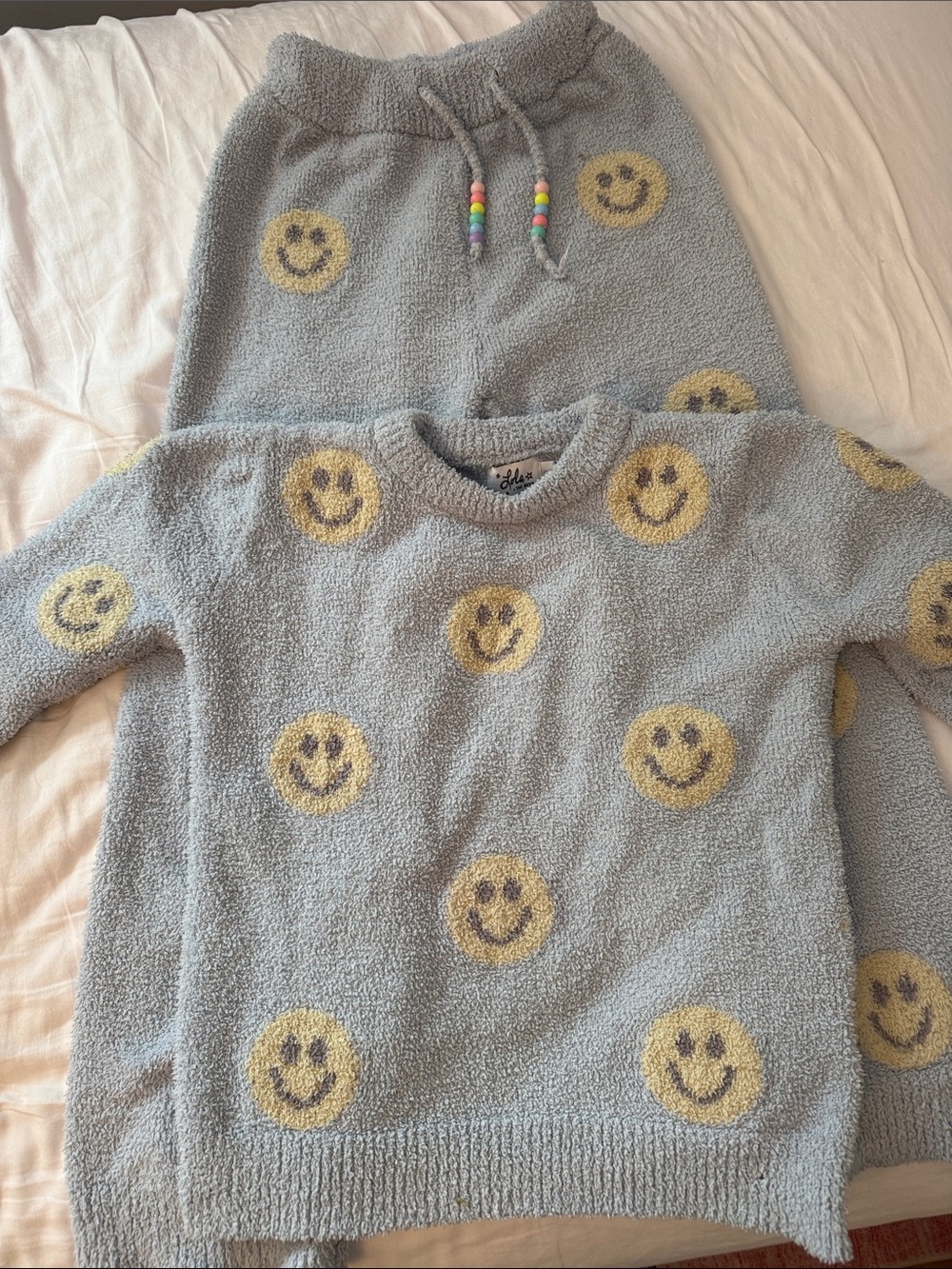 Lola + The Boys Light Gray Cozy Smiley Sweater Set with Yellow Faces